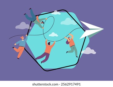 Team of people traveling on paper plane, hanging by thread. Journey of male and female tiny characters flying in air into future flat vector illustration. Business challenge, achievement concept