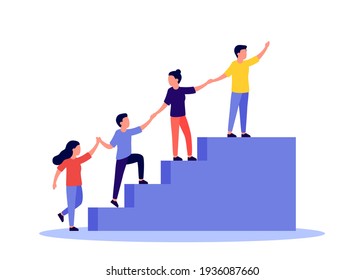 Team of people is united by aspiration and achievement together up stairs. Business support and help group people for success and growing, partnership concept. Symbol of teamwork, cooperation. Vector