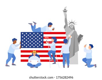 Team of people with USA flag getting ready for Independence Day celebration. Tiny people around the national symbols of the country work together. Vector flat style illustration on a patriotic theme.