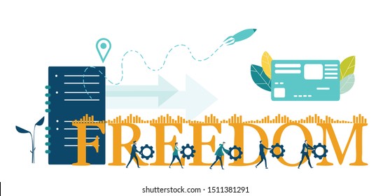 Team of people walking with gears next to the Freedom sign as symbol of doing business together. Solving problem, achievement and working in progress concept 