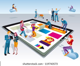 A team of people work creatively together creating content for digital tablets. Other people download this content on their mobile devices.