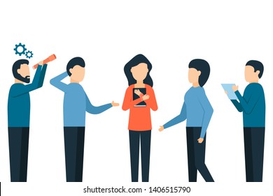 Team people at work, girl holding a book, discussing ideas, analytical work, new employee, vector illustration