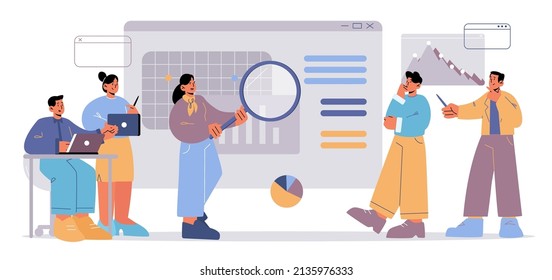 Team of people work with SEO analytic data. Concept of business analysis of search engine optimization in Internet. Vector flat illustration of teamwork in office with graphs and charts