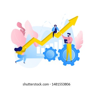 A team of people working on the development of the project. Business project. Improving efficiency. Analysis of indicators. Vector illustration. Flat design.