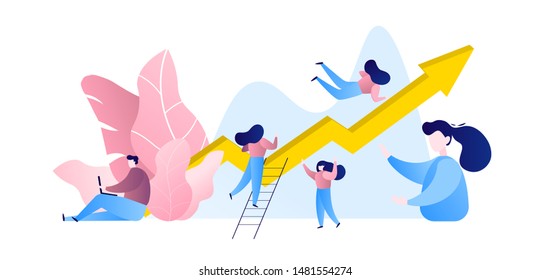 Un equipo de personas trabajando en el desarrollo del proyecto. Proyecto empresarial. Mejorar la eficiencia. Análisis de los indicadores. Ilustración vectorial. Diseño plano.