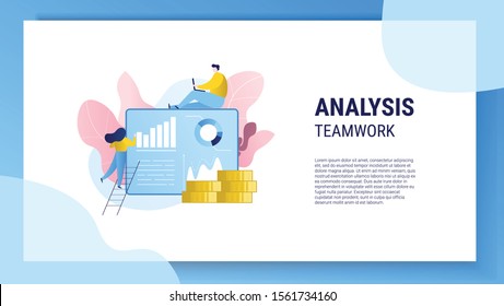 A team of people working on the development of the project. Business project. Improving efficiency. Analysis of indicators. Vector illustration. Flat design