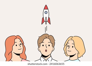 Team of people is working on launch and marketing support of business, looking at taking off rocket with smile. Concept corporate achievements and company success through teamwork on marketing