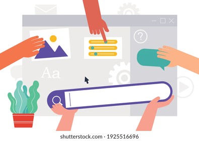 Team people working on web site development. Hands engaged in interface design, software testing, landing page content management system.
