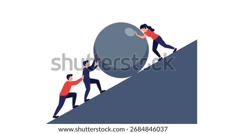 A team of people working together to push a heavy boulder up a steep incline, representing collective effort and overcoming challenges.