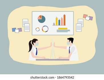 Team people working using face protective mask and keeping social distance - Safety work and business concept. Vector illustration. 