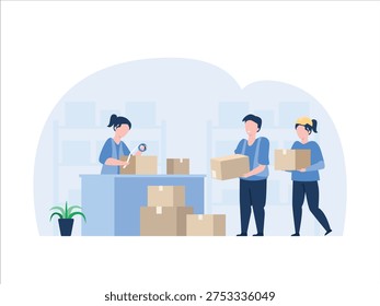 A team of people working in a warehouse, preparing packages for distribution and logistics