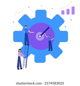 team performance optimization with gear and progress metrics flat vector illustration