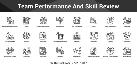 Team Performance And Skill Review Conjunto coeso de ícones de vetor minimalistas representando ideias-chave com clareza visual