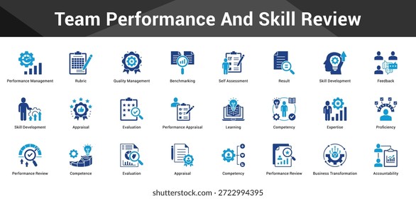Team Performance And Skill Review Conjunto coeso de ícones de vetor minimalistas representando ideias-chave com clareza visual