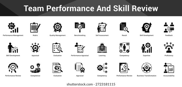 Team Performance And Skill Review Conjunto coeso de ícones de vetor minimalistas representando ideias-chave com clareza visual