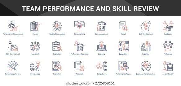 Team Performance And Skill Review Conjunto coeso de ícones de vetor minimalistas representando ideias-chave com clareza visual