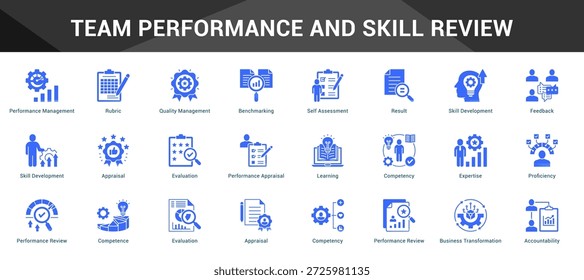 Team Performance And Skill Review Conjunto coeso de ícones de vetor minimalistas representando ideias-chave com clareza visual