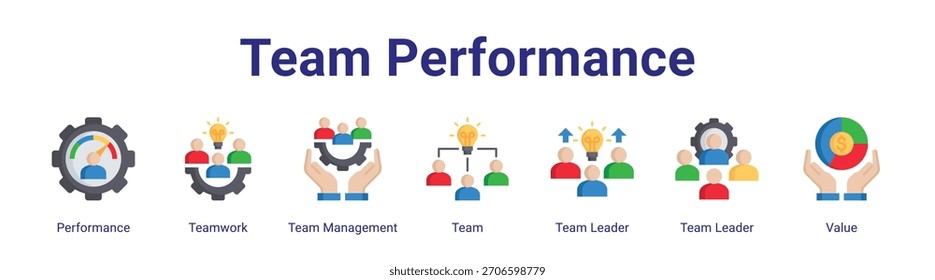 Ícone de banner da Web do Team Performance com conceito de ilustração vetorial apresentando Desempenho, Trabalho em equipe, Gerenciamento de equipe, Equipe, Líder de equipe, Líder de equipe e Valor em um conjunto de coleta.