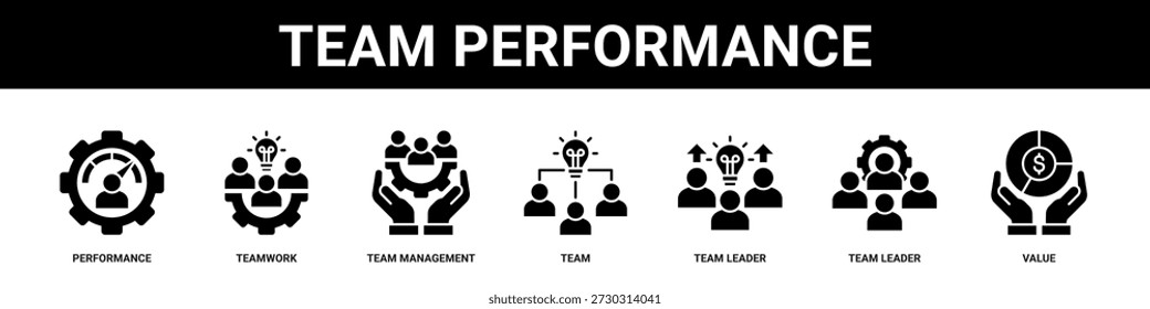 Team Performance web banner icon set collection solid style.