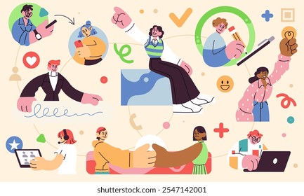 Equipo de personas de negocios. Reuniones de trabajo, trabajo en equipo exitoso a través de la computadora portátil. Gestión comunitaria, proyecto de oficina juntos mujer y hombre. Personajes de dibujo contemporáneos. Vector ilustración de dibujos animados