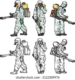 Team of pest control worker in protective gear with fumigation equipment. Hand drawn vector illustration.