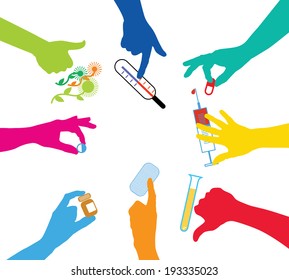team with pharmaceuticals - basic medical equipment - social assistance - mutual aid - various characters - cooperation and integration - hand Gestures