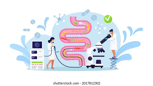 Team of physicians performs colonoscopy, diagnostics of the intestine. Bowel health. Tiny medical doctors examining gastrointestinal tract and digestive system. Gut microorganisms and friendly flora