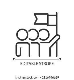 Team pixel perfect linear icon. Teamwork and successful achievement. Common goal for group. Thin line illustration. Contour symbol. Vector outline drawing. Editable stroke. Arial font used