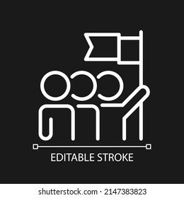 Team pixel perfect white linear icon for dark theme. Teamwork and successful achievement. Goal for group. Thin line illustration. Isolated symbol for night mode. Editable stroke. Arial font used