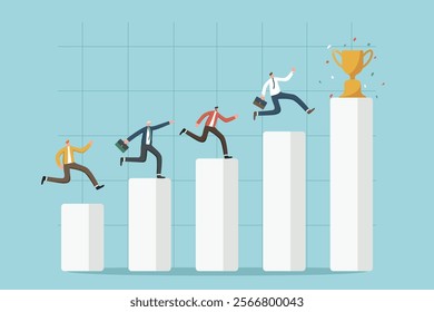 Team planning path to achieve excellence in work, achieving getting career promotion, cooperation and partnership to achieve goals and win, receive rewards, team is racing up chart towards trophy.