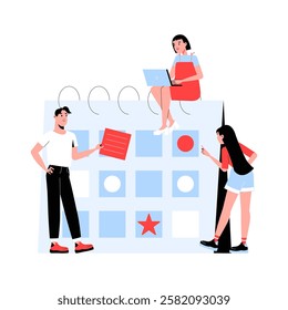 Team Planning Schedule On Large Calendar In Flat Vector Illustration Symbolizing Project Management, Task Organization, And Collaboration, Isolated On White Background.