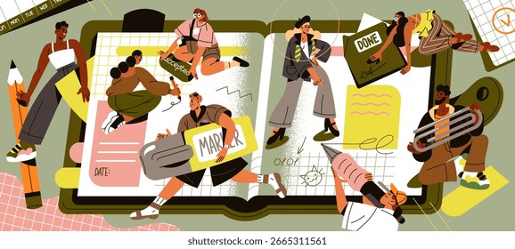 Team is planning work concept. Employees take notes, write tasks, goals, aims in a notebook together. Tiny people make schedules. Time management and teamwork organization. Flat vector illustration