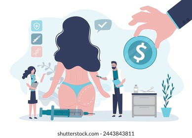 Team of plastic surgeons consulting girl before operation. Plastic surgery, body correction. Gluteoplasty surgery, butt implant applying. Aesthetic operation, payment for beauty procedure. flat vector