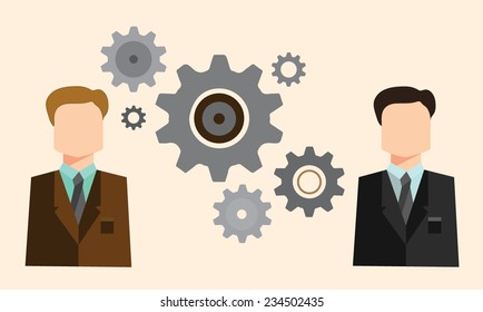 Team player concept. Two businessmen and gears..