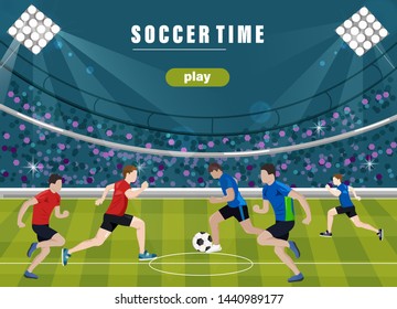 Team playing soccer Vector flat style. Game start. Soccer field brochure template