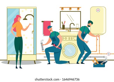 Equipo de plomeros instala calentador de agua en el baño. Los Trabajadores Instalan Calderas Mediante Instrumentos Profesionales. Servicio de mantenimiento técnico. Ilustración de vectores planos de caricaturas