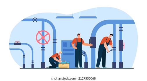 Team of plumbers with tool box in boiler room. Handymen in uniform fixing pipe flat vector illustration. Service, maintenance, occupation concept for banner, website design or landing web page
