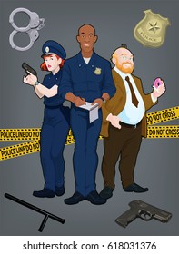 Team of policemen. Three police officers characters. Cartoon vector illustration