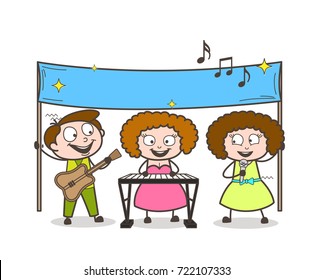 Team of Pop-Singers Singing in Event Vector Illustration