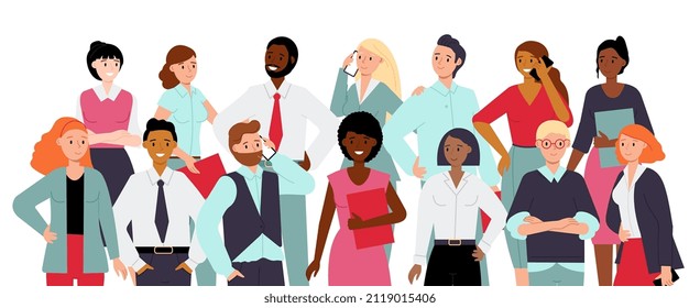 Team portrait. Smile diverse ethnic professionals in group. Corporate young coworkers together in office clothes. Decent employee in business vector scene