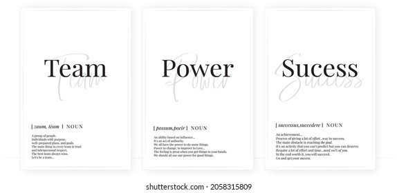 Team, power, success definition, vector. Minimalist modern poster design. Motivational, inspirational quotes. Beauty noun description. Wording Design isolated on white background, lettering. Wall art