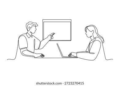 Team presenting ideas during a meeting. Team work concept. Single line draw design. Vector graphic illustration