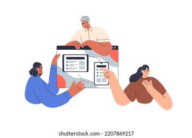 Team presenting interface design, digital project. Business presentation of website, app. Designers, developers and online web product. Flat graphic vector illustration isolated on white background