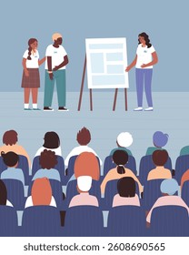 Team presenting their project to the audience. Demonstration of their work to other teams. Students performing in front of the audience. Flat vector illustration