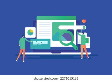 Team producing high quality content, Content creator creating content for website and social media - flat design vector illustration banner