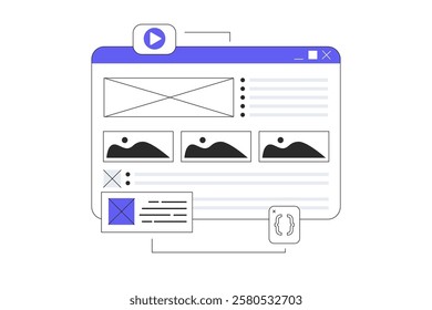 Team producing high quality content. Creating content for a website, blog and social media. Flat Cartoon Vector Illustration, icon. Stylish abstract 