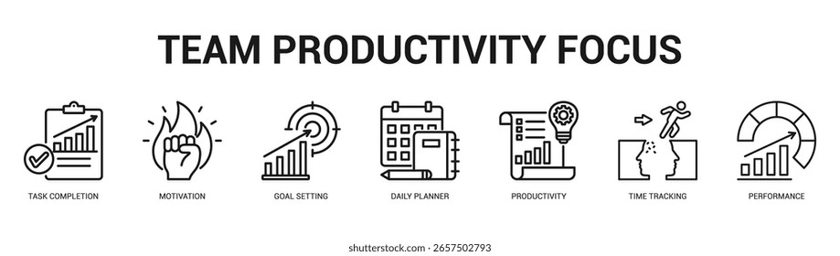Equipo Productividad Enfoque Ilustración de Anuncio de Web moderno y limpio con íconos temáticos para la comunicación visual