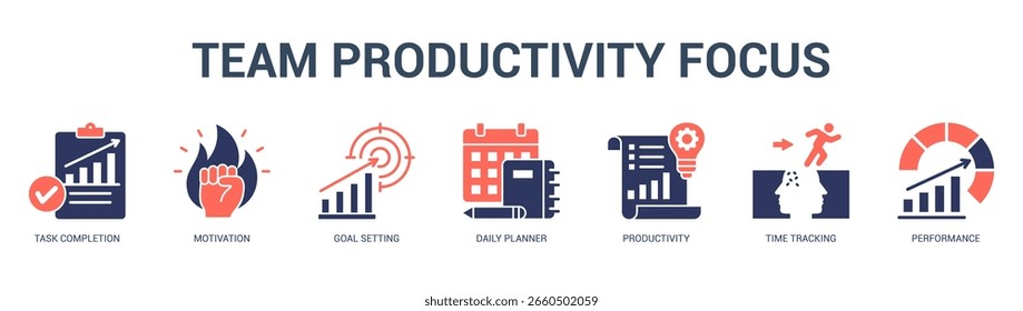 Team Productivity Focus Modern and clean web banner illustration featuring thematic icons for visual communication