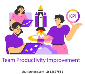 Team productivity improvement concept. Illustrates collaboration in a workspace focused on driving goals and tracking KPIs with enthusiasm and technology. Boosting efficiency and teamwork. Vector
