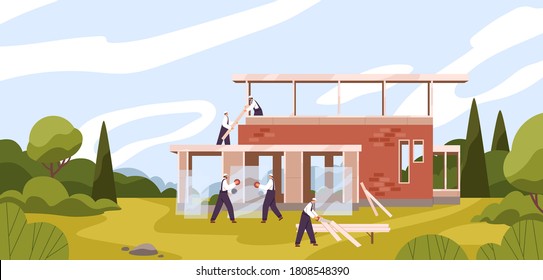 Team of professional builders constructing residential house vector flat illustration. Male workers carrying glass, sawing wooden plank. Private brick dwelling at beautiful natural landscape